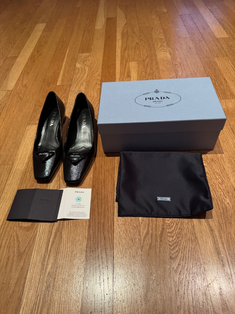 PRADA - Saffiano Leather - Triangle Logo Low Heel Pumps - Black - Picture 2 of 8